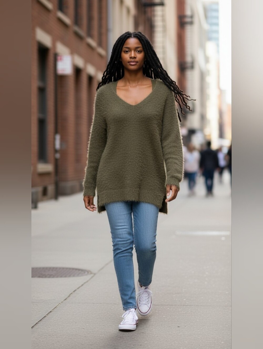 ruby moon Olive Green Fuzzy V-Neck 3/4 Lenght Sleeve Sweater Tunic Misses XS